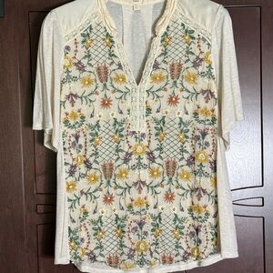 Anthropologie Tiny Floral Embroidered Cream Top.  Plus Size